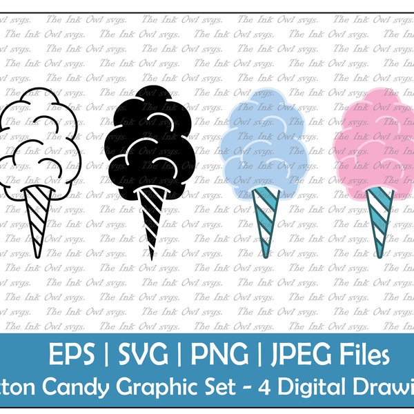 Cotton Candy Vector Clipart Set / Outline & Stamp Drawing Illustrations / Carnival Food / PNG, JPG, SVG, Eps