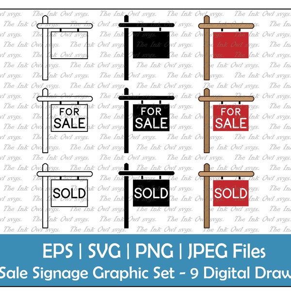 For Sale and Sold Signs with Post Clipart Set / Outline & Stamp Drawing Graphic / PNG, JPG, SVG, Eps