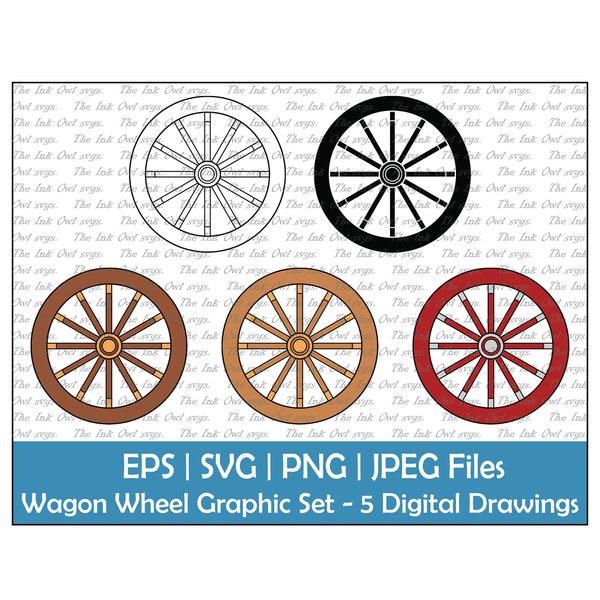 Wagon Wheel Vector Clipart Set / Outline, Silhouette Stamp & Color Illustration Graphic / Wood / Sublimation / PNG, jpg, SVG, Eps
