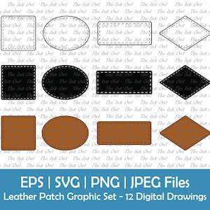 May include: A set of 12 digital drawings of leather patch shapes in black, brown, and white. The shapes include squares, circles, ovals, diamonds, and rectangles. The patches have a stitched edge.