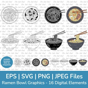 Ensemble de cliparts vectoriels pour bol de nouilles ramen / contour, tampon et dessin en couleur graphiques / cuisine japonaise / vues de dessus et de côté / Png, Svg, Eps, Jpg