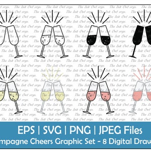 Champagne Flute Glass Cheers Vector Clipart / Outline, Silhouette & Color Graphic / Celebration Drink / New Years / PNG, JPG, SVG, Eps
