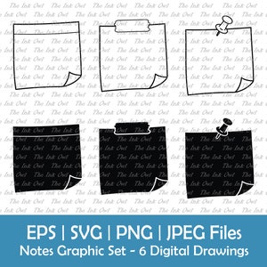 Puede incluir: Un conjunto de seis dibujos digitales de notas adhesivas en blanco y negro. Las notas están en varias posiciones, algunas con una esquina doblada, otras con un alfiler y otras con un trozo de cinta adhesiva. Las notas están todas en blanco.