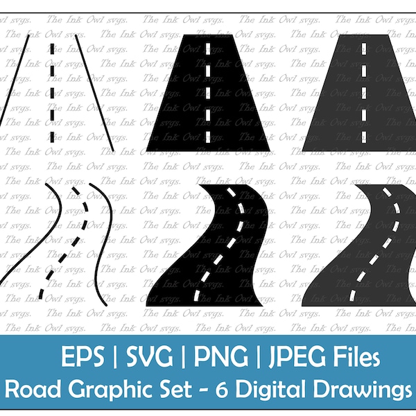 Road Vector Clipart Set / Outline & Stamp Drawing Graphic / Straight and Winding / PNG, JPG, SVG, Eps