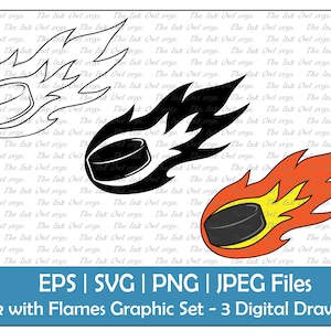 Disco da hockey con set di clipart vettoriali di fuoco / contorno e grafica di disegno colorata / PNG, JPG, SVG, Eps