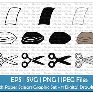 Rock Paper Scissors Game Vector Clipart Set / Outline, Silhouette Stamp & Color Drawing Illustrations / Symbols / PNG, jpg, SVG, Eps