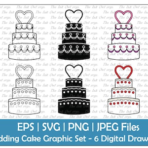 May include: A set of six digital drawings of wedding cakes in various styles. The cakes are all three-tiered and feature a heart-shaped topper. The cakes are in black and white, pink and white, and red and white.