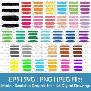 Peut inclure: Ensemble graphique numérique de 128 échantillons de marqueurs de différentes couleurs. Chaque échantillon est un coup de pinceau à l'aspect texturé. L'image comprend le texte "EPS | SVG | PNG | JPEG Files" et "Marker Swatches Graphic Set - 128 Digital Drawings".