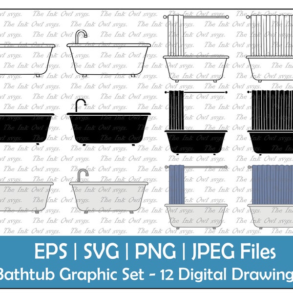 Bathtub and Shower Curtain Vector Clipart Set / Outline, Stamp & Color Graphic Illustrations / Washroom / Sublimation / PNG, JPG, SVG, Eps