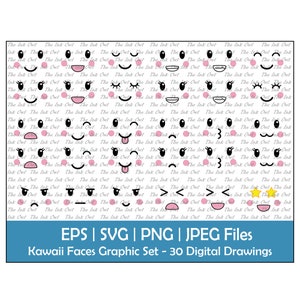 Niedliche Kawaii Gesichter Vektor Clipart Set / Zeichnung Illustrationen / Emotion Icons / PNG, JPG, SVG, Eps