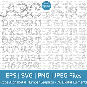 Letras de corda branca, alfabeto e número, vetor clipart / banner de texto, gráfico ABC 123 / iniciais de casamento náutico / png, jpg, eps, svg