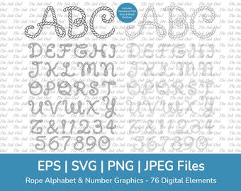 White Rope Letter Alphabet and Number Vector Clipart / Text Banner Graphic ABC 123 / Nautical Wedding Initials / Png, Jpg, Eps, Svg