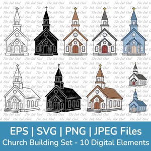 May include: A set of ten digital church building illustrations in various colors and styles, including line art, black silhouettes, and colored versions. Text on the image reads: EPS | SVG | PNG | JPEG Files, Church Building Set - 10 Digital Elements.