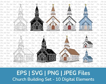 Kirchen Gebäude Clipart / Umrisse, Silhouetten, und Farbgrafiken / Religiös / Vordere und Seitliche Perspektive / svg, Png, Eps, Jpg