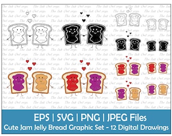 Cute Peanut Butter & Jelly Toast Vector Clipart / Outline, Stamp, Colored Graphic / Romantic Friendship / Go Together / PNG, JPG, svg, Eps