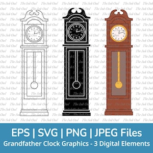 Set di clipart vettoriali di orologio a pendolo / illustrazioni di disegno di contorno e timbro / vintage / PNG, JPG, SVG, Eps