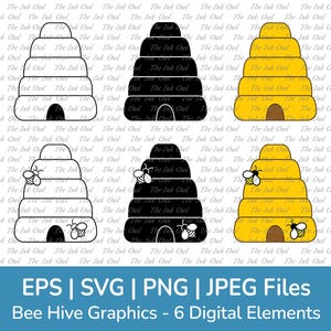 Bijenkorf vector clipart set/overzicht, stempel silhouetten en kleurafbeeldingen/kegelvorm bijenkorf met bijen/svg, png, jpg, eps