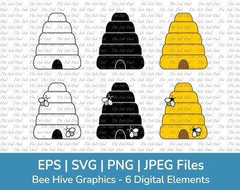 Bee Hive Vector Clipart Set / Outline, Stamp Silhouettes and Color Graphics / Cone Shape Hive with Bees / Svg, Png, Jpg, Eps