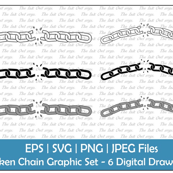 Broken Chain Link Outline Vector Clipart Set / Outline & Stamp Graphic / PNG, JPG, SVG, Eps