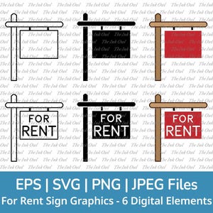 For Rent or For Sale Schild mit Post SVG-Clipart-Set / Umriss, Stempel Silhouette & Farbzeichnung / Hängeschild / Png, Jpg, SVG, Eps