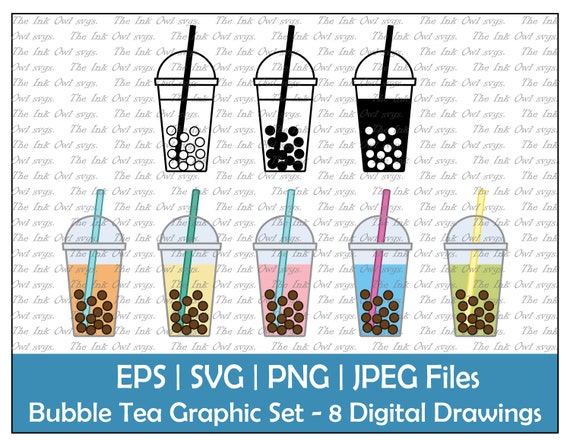 Bubble Tea Clipart Set / Outline, Silhouette Stamp & Color Drawing Graphic  / Drink / Sublimation Digital Sticker / PNG, JPG, SVG, Eps 