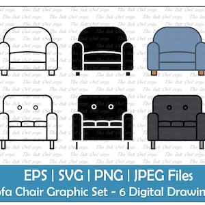 Divano Arm Chair Vector Clipart Set / Contorno, Timbro e Disegno a colori Grafico / Mobili seduta / Uso commerciale / PNG, JPG, SVG, Eps
