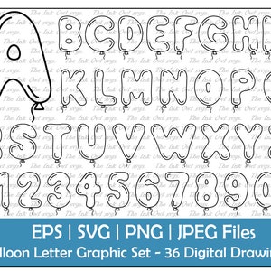 Balloon Letter Alphabet and Numbers Vector Clipart / Outline Text Graphics / BANNIÈREs DE LOGOS ABC 123 / PNG, JPG, svg, Eps