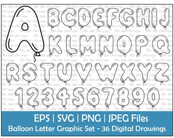 Balloon Letter Alphabet and Numbers Vector Clipart / Outline Text Graphics / ABC 123 Logos banners / PNG, JPG, svg, Eps