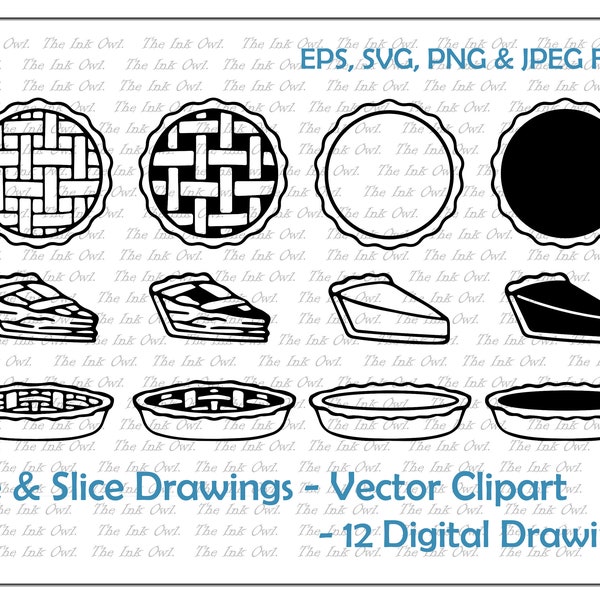 Pie and Pie Slices Vector Clipart / Outline & Stamp Drawing Illustration Set / Pumpkin Apple Dessert / Sublimation / PNG, JPG, SVG, Eps