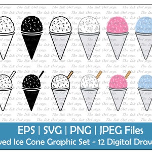 Shaved Ice Cone Vector Clipart Set / Outline, Stamp & Color Graphics / Snow Cone / Carnival Food / Dessert Treat / PNG, JPG, SVG, Eps