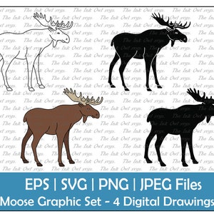 May include: A set of four digital drawings of moose in different styles. The drawings include a line art moose, a brown moose, a black silhouette moose, and a black and white silhouette moose. The drawings are perfect for crafting projects, scrapbooking, or digital design.