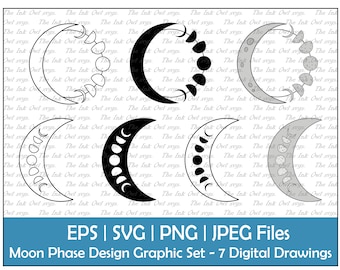 Moon Phase Designs Vector Clipart Set / Outline, Stamp & Color Graphics / Lunar Crescent, Waxing, Waning, Full / SVG, JPG, PNG, Eps