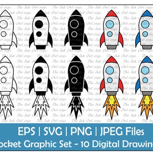 Rocket Spaceship Clipart Set / Outline, Silhouette Stamp & Color Graphic / Space / Sublimation Digital Sticker / PNG, JPG, SVG, Eps