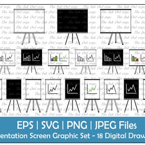 Presentatiescherm met Graph Clipart Set / Blank Template / Stock Finance / Outline, Stamp & Color Drawing Graphics / PNG, JPG, SVG, Eps