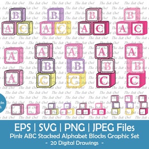 Pink ABC Alphabet Stacking Blocks Vector Clipart / Color Illustration / Girl Nursery Graphic / Png, Jpg, Svg, Eps / With Blank Template