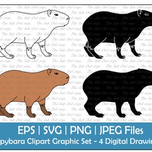 May include: Four digital drawings of a capybara, a large rodent native to South America. The drawings are in black and white, brown, and a silhouette. The drawings are on a white background with the text "The Ink Owl svgs." repeated.