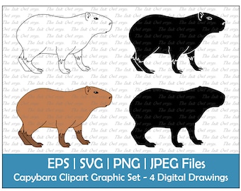 Capybara Vector Clipart Set / Outline & Stamp Drawing Graphic / Rodent / PNG, JPG, SVG, Eps