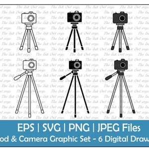 May include: Set of six black and white digital drawings of cameras on tripods. The cameras are simple line drawings with a lens and a body. The tripods have three legs and a base.