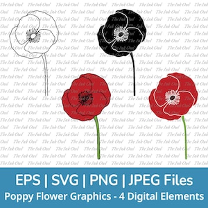 Clipart vectoriel Svg fleur de pavot rouge / contour, silhouette de timbre et illustrations graphiques couleur / fleur de naissance / Png, Jpg, Svg, Eps