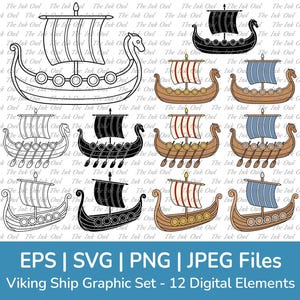 Clipart vettoriali di nave vichinga dei cartoni animati / Contorno, silhouette e grafica a colori / Sublimazione / Barca medievale nordica nautica / Png, Eps, Jpg, Svg