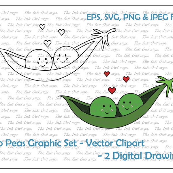 Two Peas in a Pod with Hearts Vector Clipart / Outline & Colored Drawing Illustrations / Nursery Graphic / PNG, JPG, svg, Eps