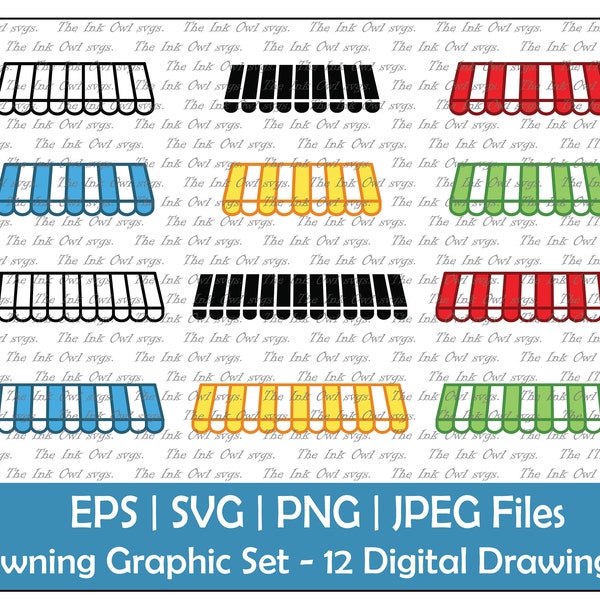 Awning or Canopy Overhand Vector Clipart Set / Outline, Silhouette & Color Drawing Graphic / Store Front Sublimation / PNG, JPG, SVG, Eps