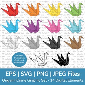 Origami Paper Crane or Bird Vector Clipart Set / Outline, Silhouette Stamp & Color Drawing Graphics / Rainbow Colors / Svg, Png, Eps, Jpg