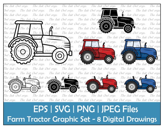 Dessin animé ferme tracteur Vector Clipart / contour, Silhouette &  graphiques couleur / Agriculture / ouvert et couvert / rouge, bleu / PNG,  JPG, SVG, Eps -  Canada