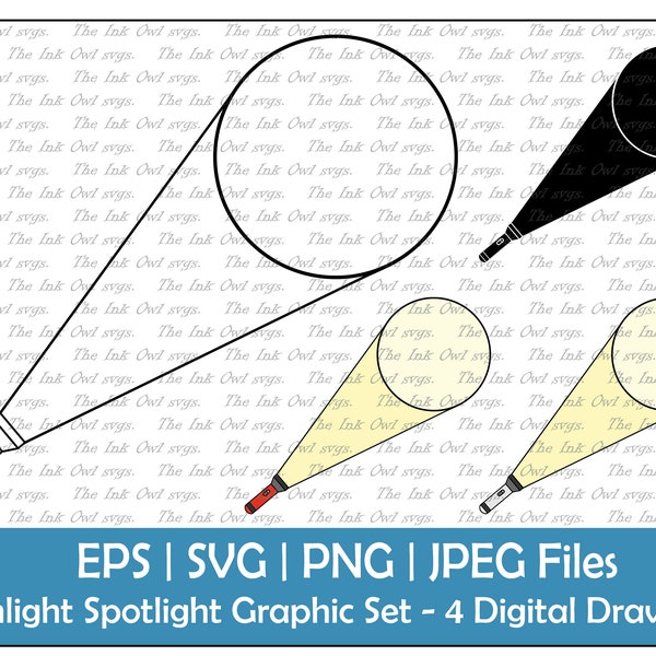 Flashlight with Spotlight Vector Clipart Set / Outline & Stamp Graphic / Camping Emergency Light / PNG, JPG, SVG, Eps