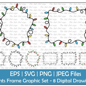 Chaîne de lumières de Noël Frame Border Clipart Set / Contour, Silhouette Stamp & Color Graphics / Élément décoratif / PNG, JPG, SVG, Eps