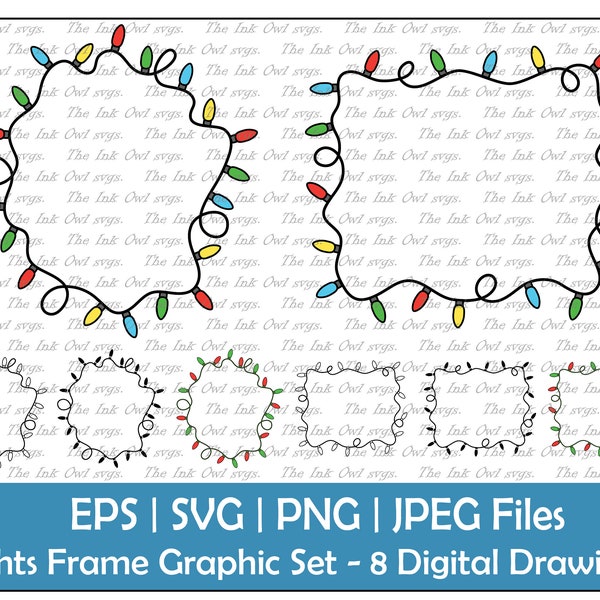 String of Christmas Lights Frame Border Clipart Set / Outline, Silhouette Stamp & Color Graphics / Decorative Element / PNG, JPG, SVG, Eps