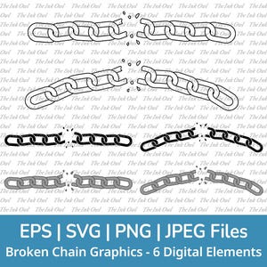 Broken Chain Link Svg Vector Clipart Set / Outline, Stamp Silhouette & Color Graphic / Png, Svg, Jpg, Eps