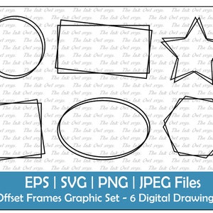 May include: A set of six digital drawings of offset frames. The frames are in various shapes, including circles, squares, stars, and hexagons. The frames are black and white and are set against a white background with a repeating pattern of text.
