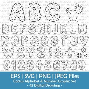 Cactus Alphabet lettres & chiffres Vector Clipart Set / contour Illustrations / désert graphique police coupe fichier / Svg, Png, Eps, Jpg